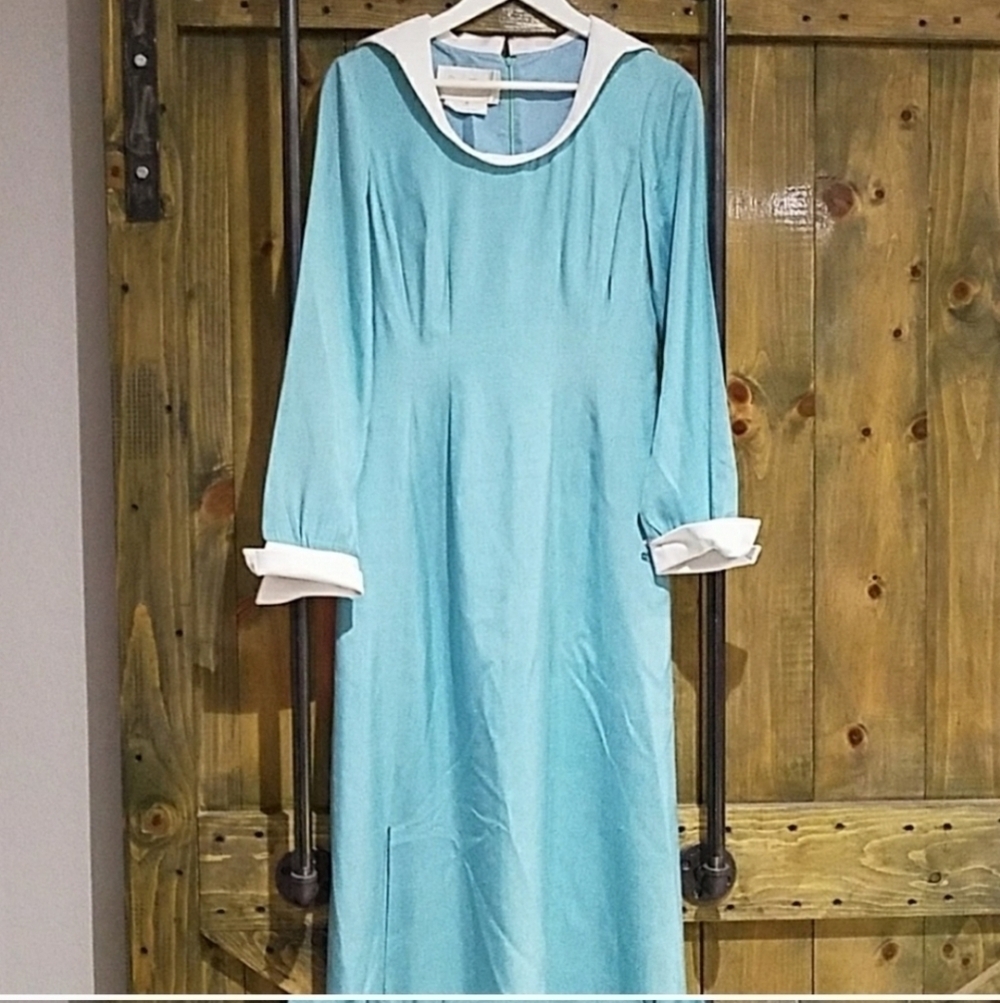Vintage DRESS David Barr Maxi EVENING Long sleeve LIGHT BLUE WHITE
